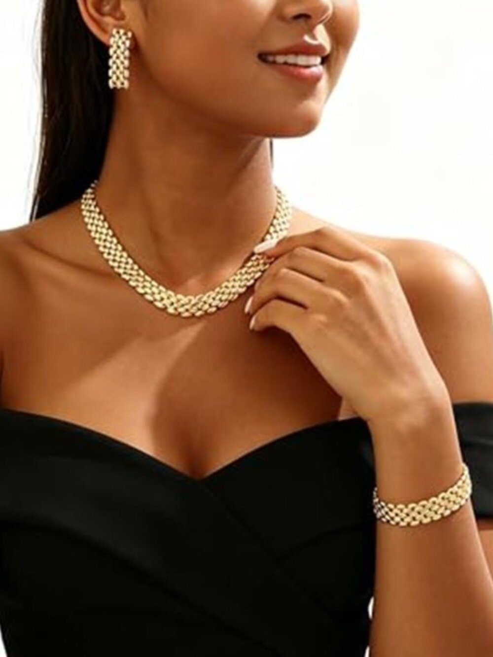 14K Gold Plated Chunky Jewelry Set Necklace Bracelet Earrings 3 Piece Women - Picture 5 of 5